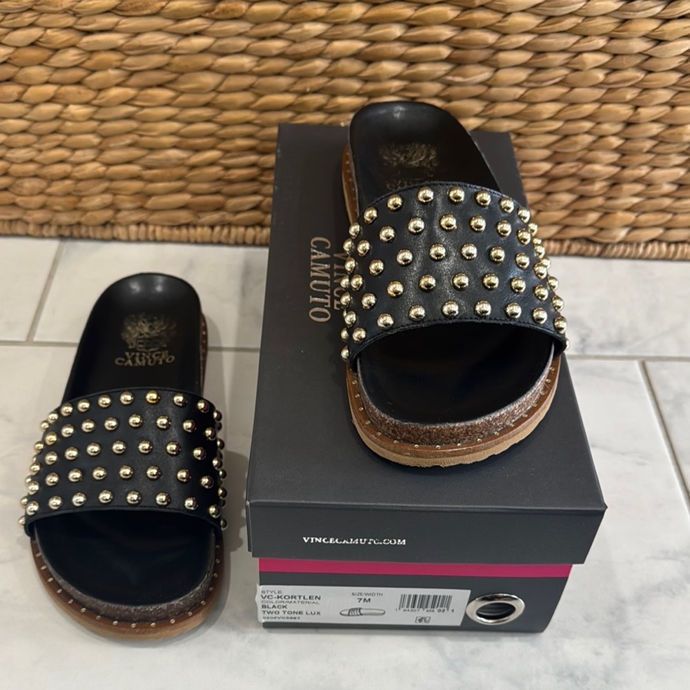Vince Camuto Black Slides with Gold Studs